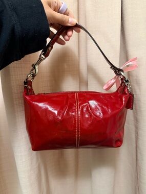 Coach Red Leather Shoulder Bag with Dark Brown Strap